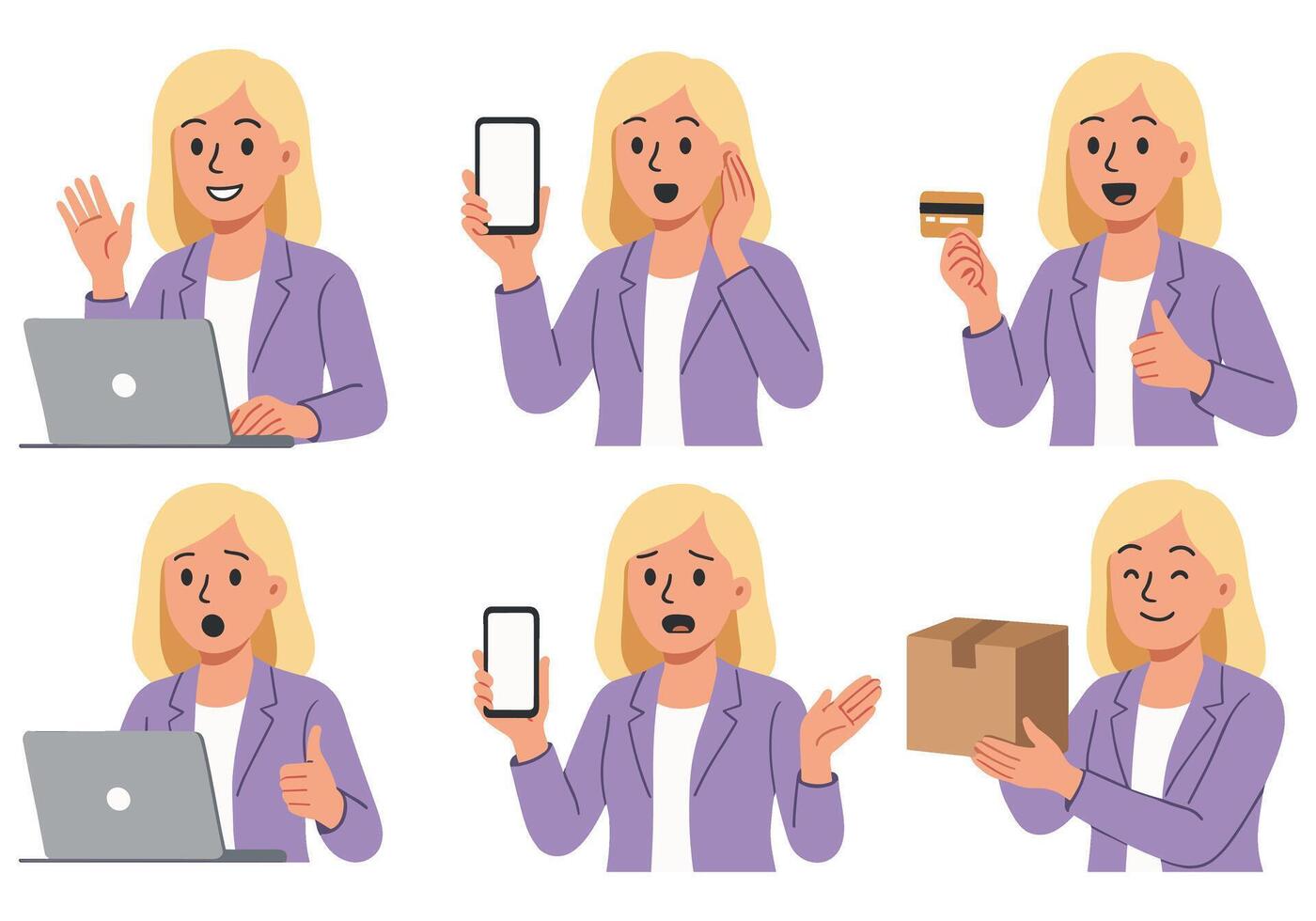 Blonde woman showcasing different digital interaction scenarios and gestures for online experiences vector