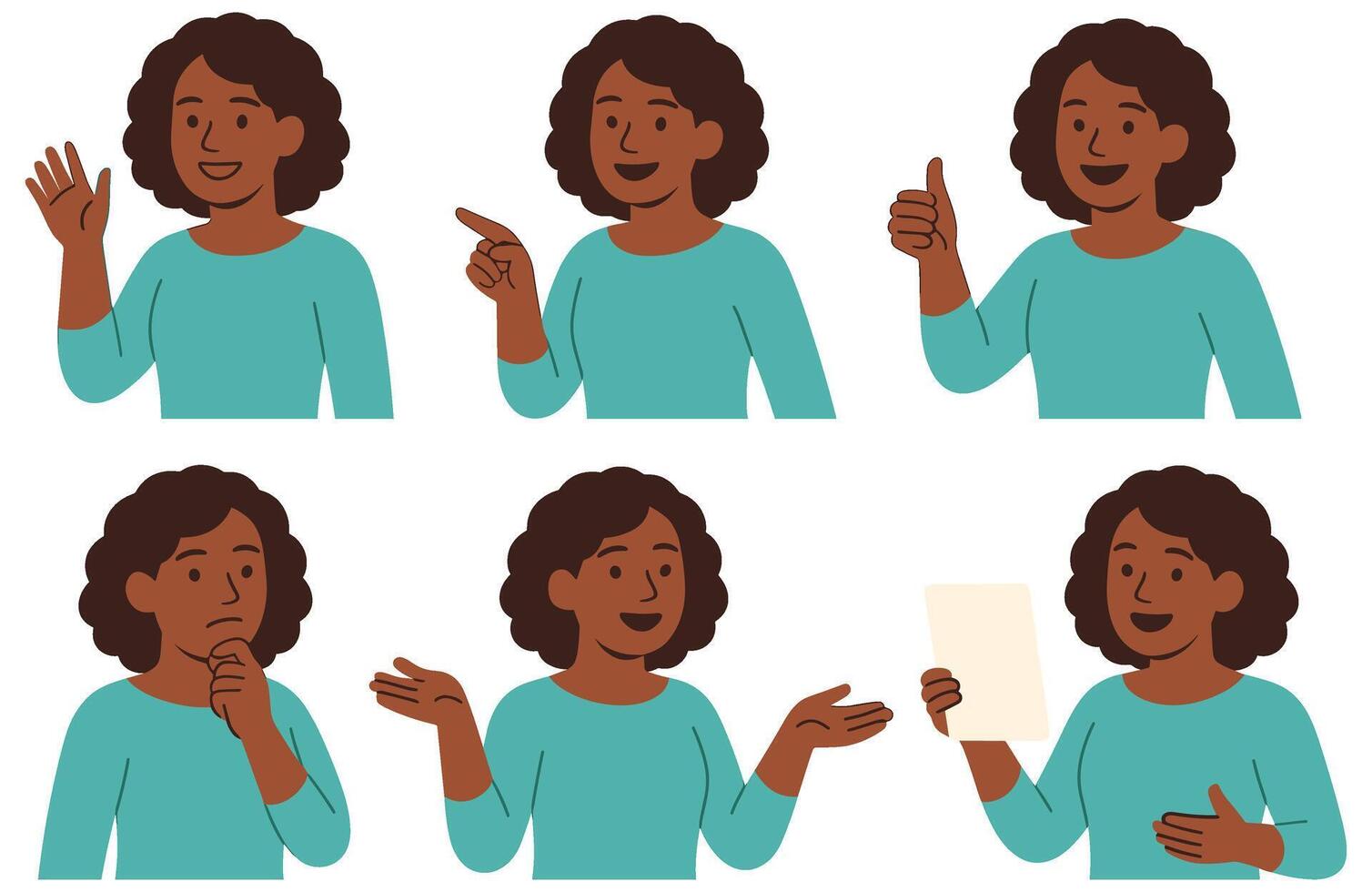Diverse expressions showcased by a confident woman in various poses representing different emotions and actions vector