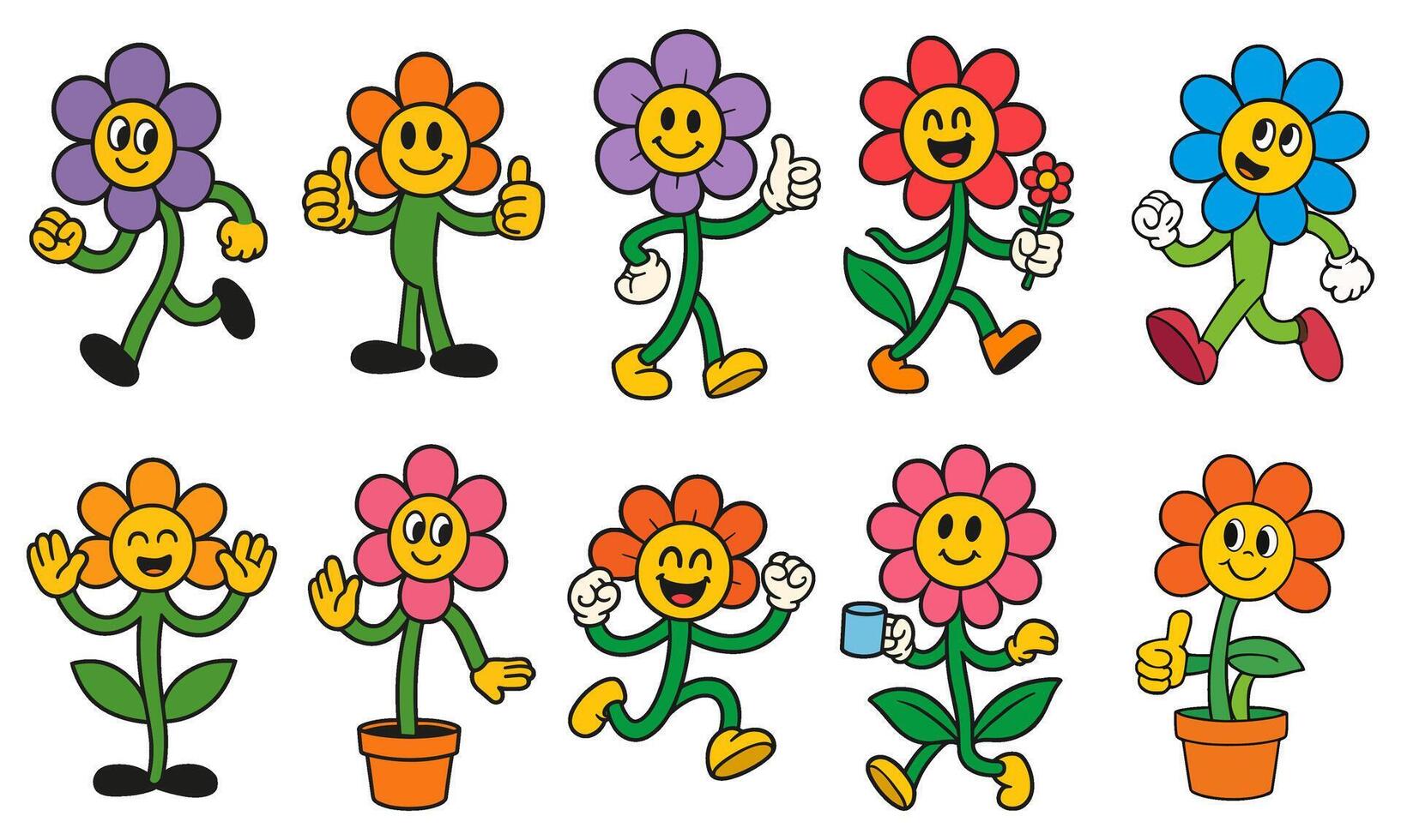 Cartoon flowers in various cheerful poses, a vibrant floral collection bringing joy and retro style together vector