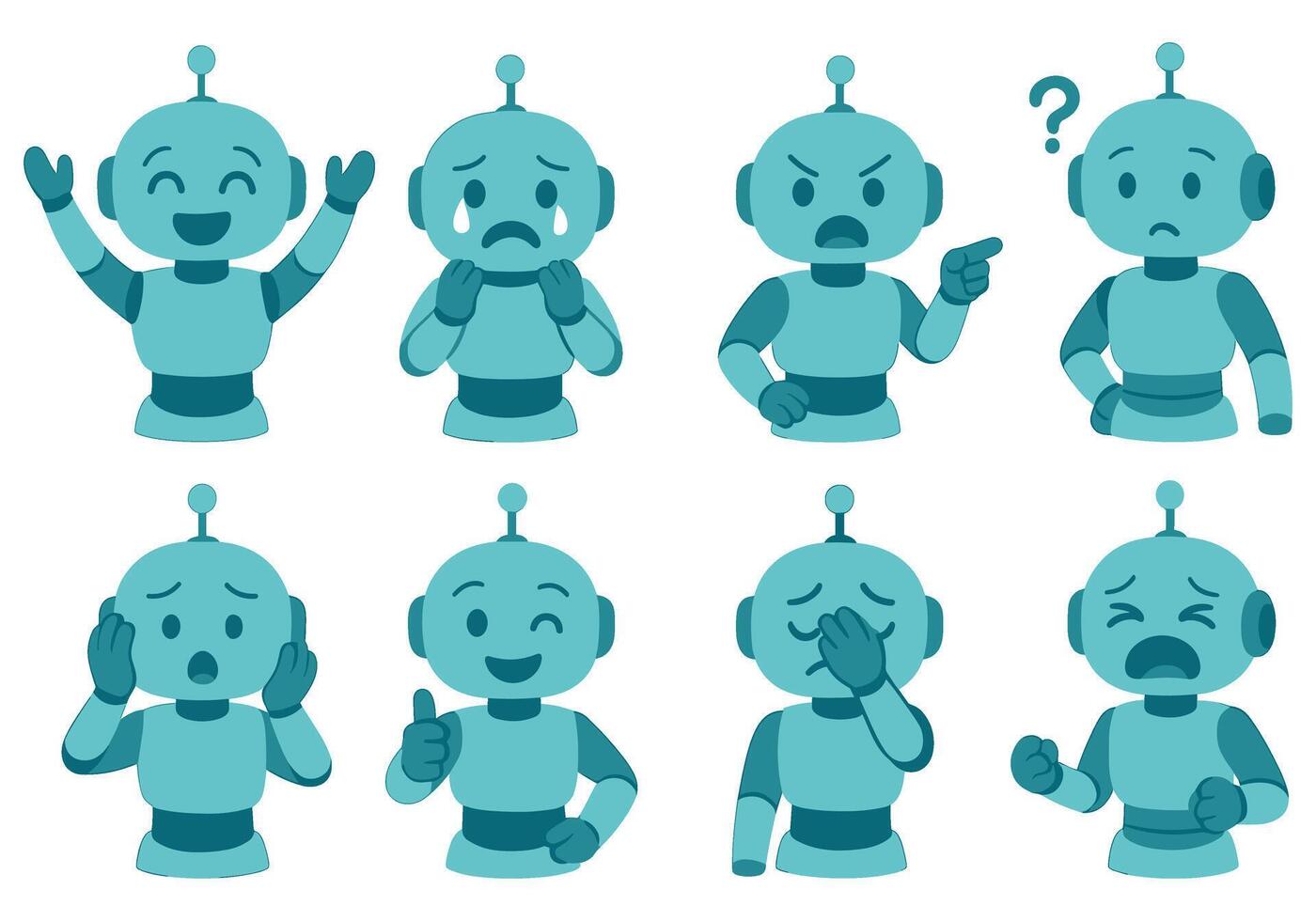 Collection of charming robot emoticons showcasing diverse emotional expressions and simple designs vector