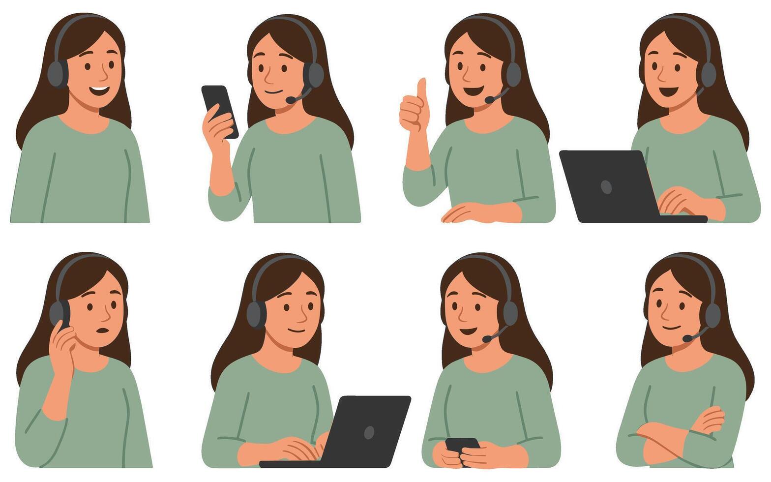 Illustrations showcasing a cheerful woman providing customer service through various digital communication channels vector