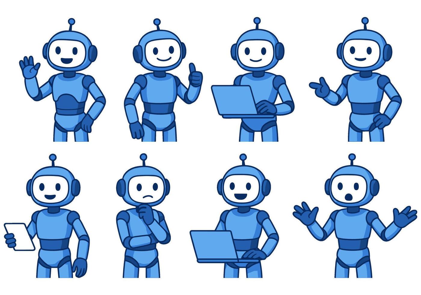Collection of blue robot characters displaying various emotions and interacting with technology effectively vector