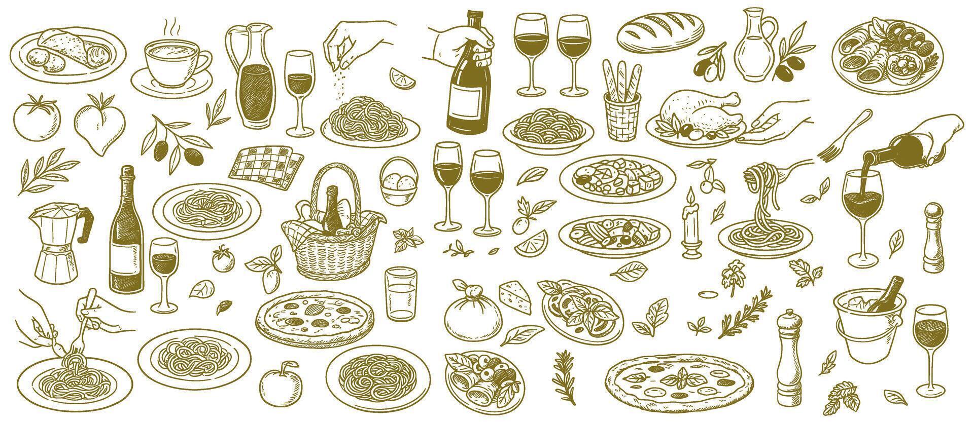 Hand sketched illustrations capturing the essence of Italian dining with classic foods and beverages, a taste of Italy vector