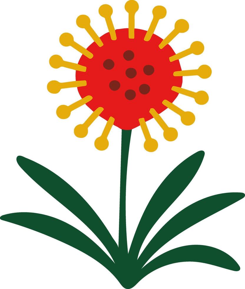 Colorful abstract flower illustration with spiked petals and green leaves on white background vector