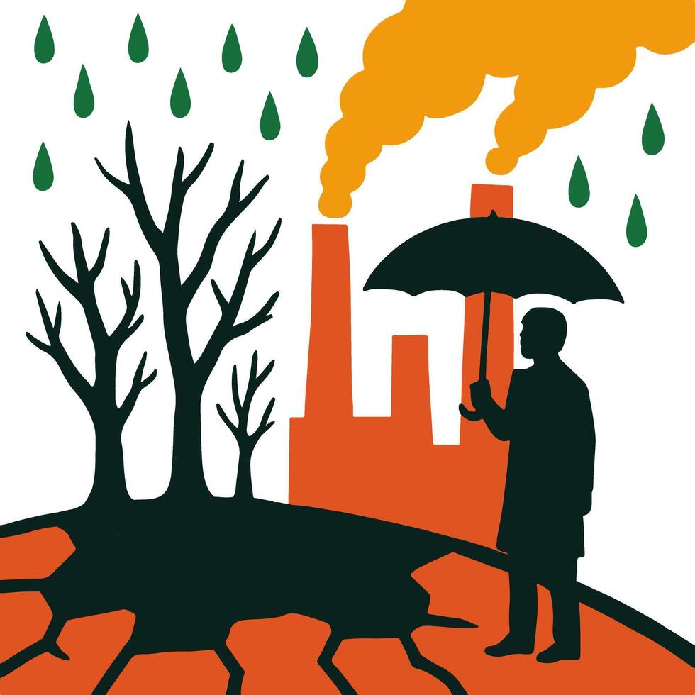 Illustration of ecological destruction showing cracked soil, barren trees, and toxic emissions, emphasizing human induced climate vector