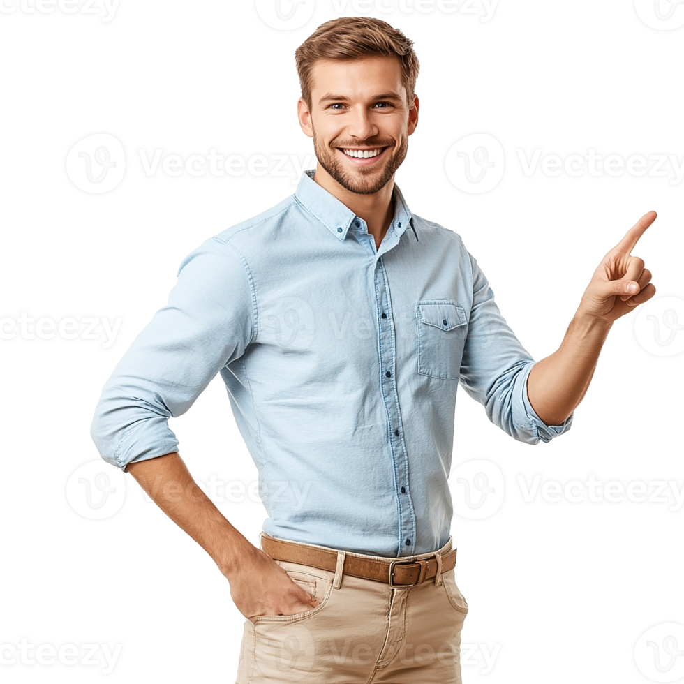 Smiling Businessman with Finger Pointing Away Isolated at Transparent Background png