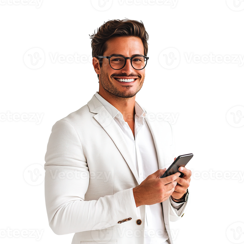 Smiling Businessman Holding a Phone Isolated on Transparent Background png