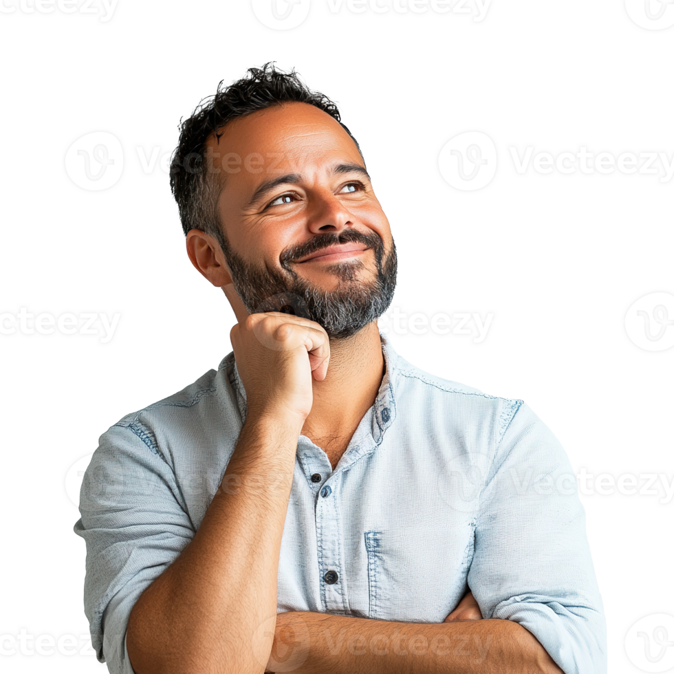 Young Man in Dreamy Cheerful Expression, Thinking, Looking up Isolated on Transparent Background png