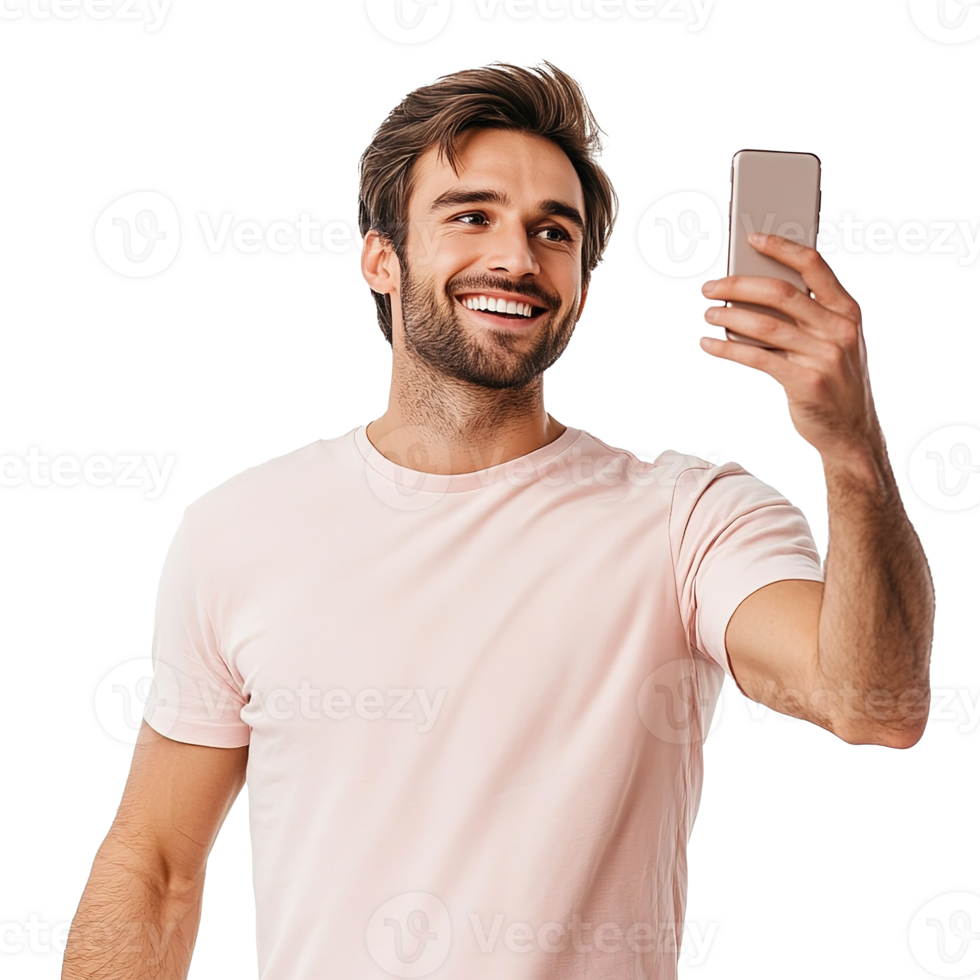 Attractive Young Man Taking Selfie with Phone Isolated on the Transparent Background png