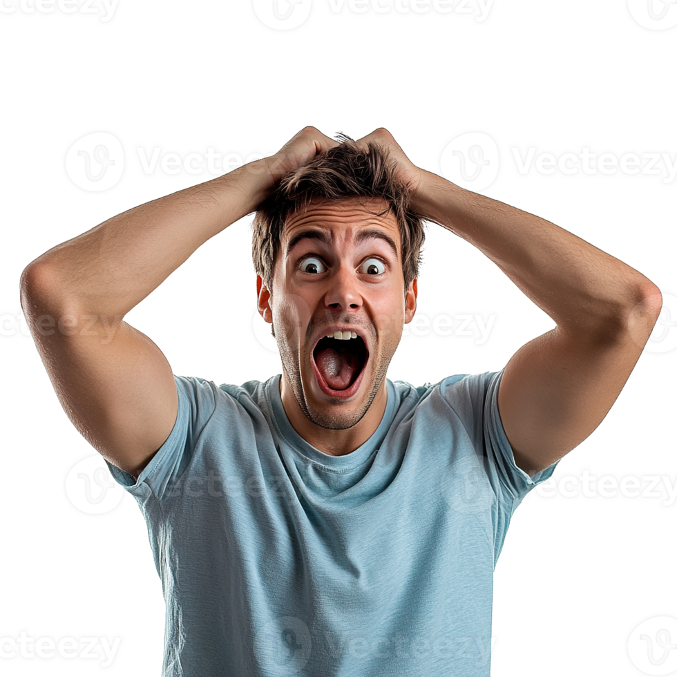 Emotional Young Man with Round Eyes, Open Mouth and Hands Pressed to Top of Head, Showing Astonishment and Shock on Transparent png