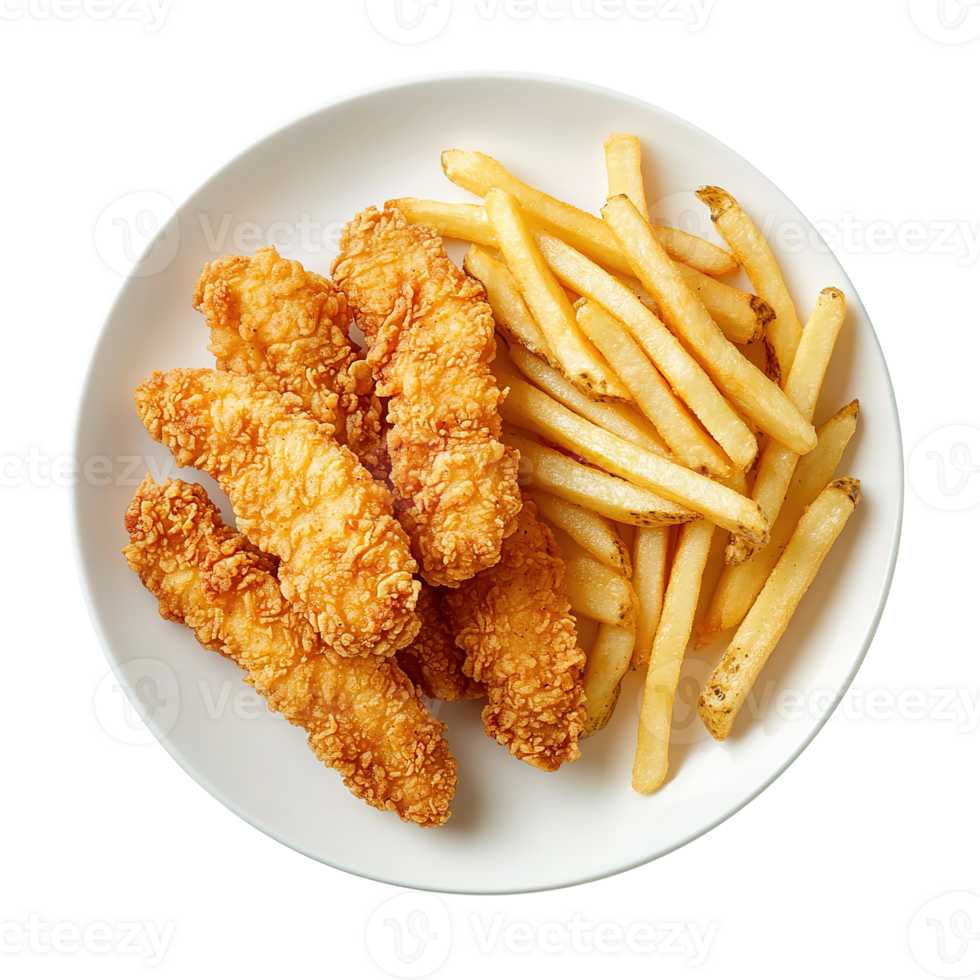 Crispy Chicken Strips with French Fries in White Plate Isolated on Transparent Background png