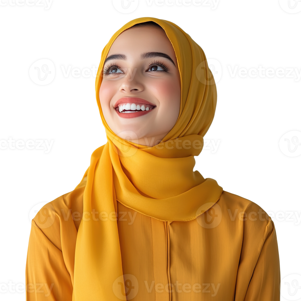 Smiling Muslim Female Model Wearing Hijab Looking Up Isolated on Transparent Background png