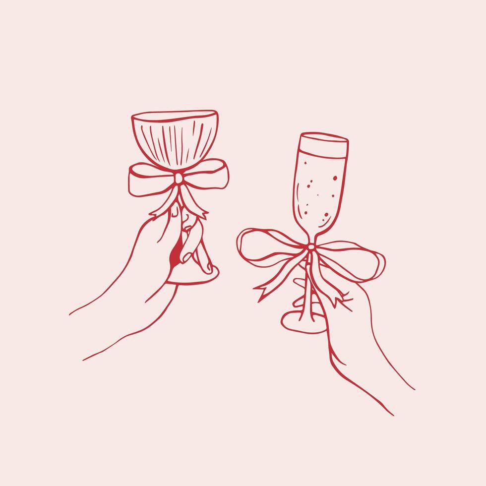 Red glas with hands, red whimsical bow and cherry. La dolce vita style vector