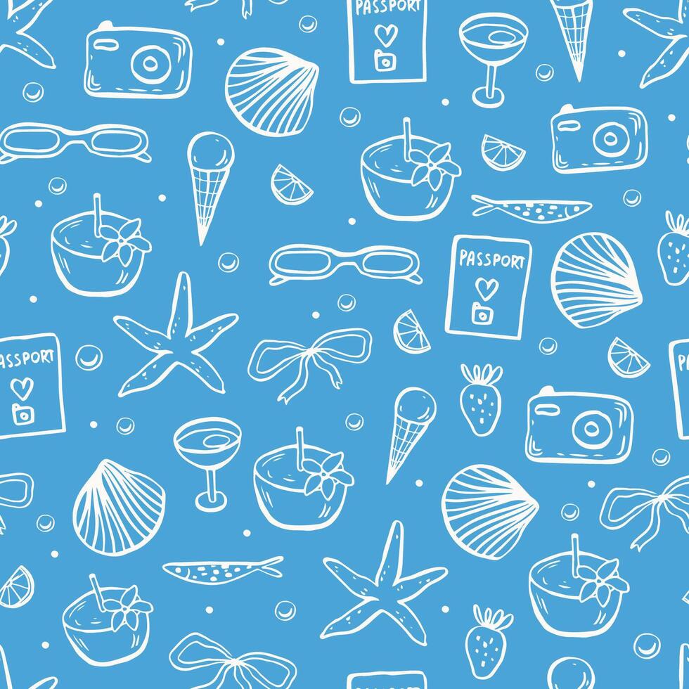 Summer vibe seamless pattern on blue background. Vacation hand drawn doodles vector