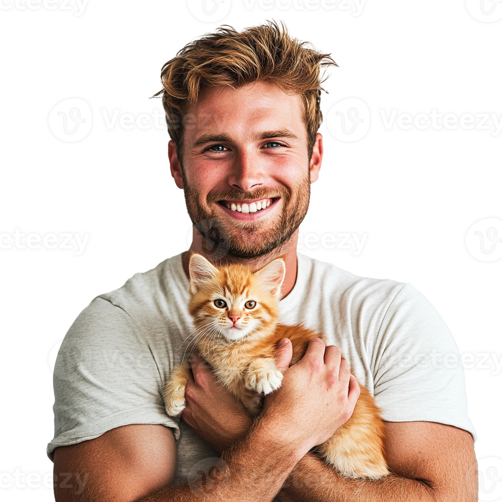 Happy Man Hugging and Cuddling His Cute Baby Orange Cat. Domestic pets Isolated at Transparent Background png