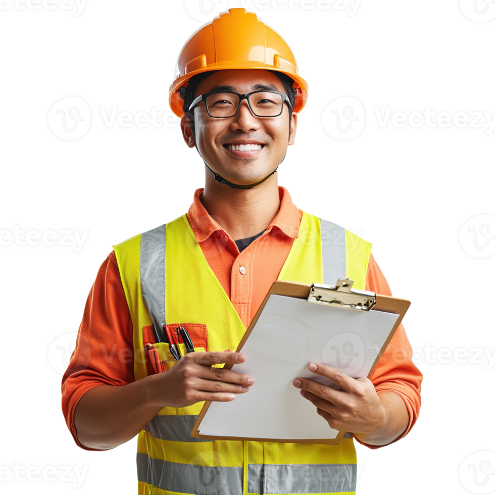 Happy Construction Worker in Safety Helmet Holding Clipboard Isolated on Transparent Background png