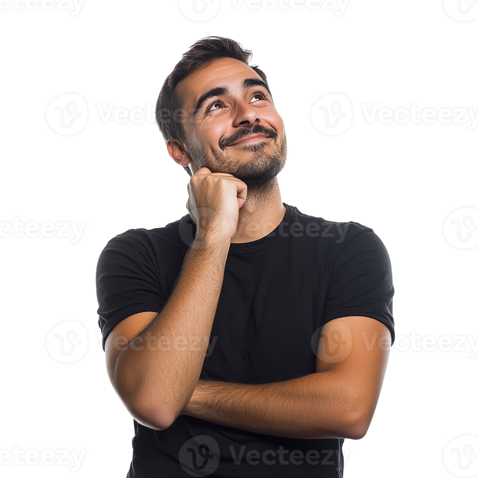 Cheerful Young Man with Dreamy Expression, Looking Up, Thinking Isolated on Transparent Background png