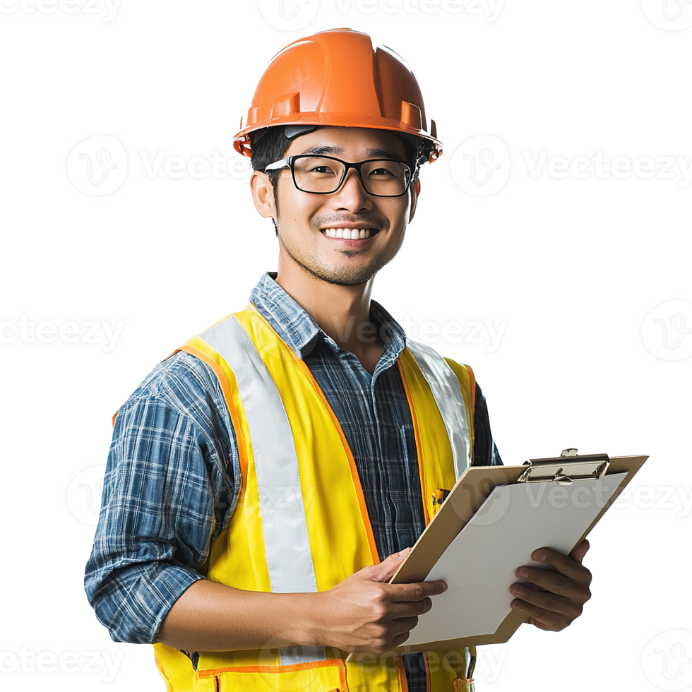 Asian Construction Worker Smiling with Helmet and Clipboard Isolated on Transparent Background png