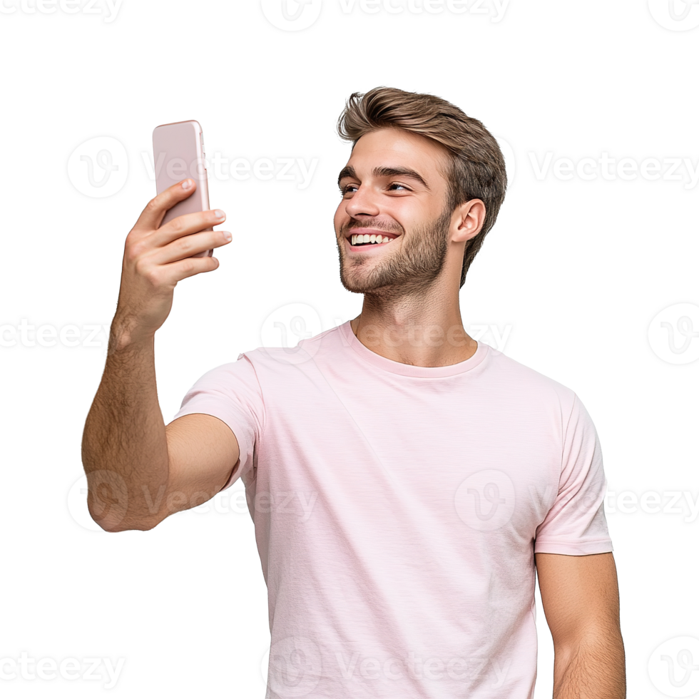 Young Handsome Man in Holding Phone and Taking Selfie Photo Isolated on Transparent Background png