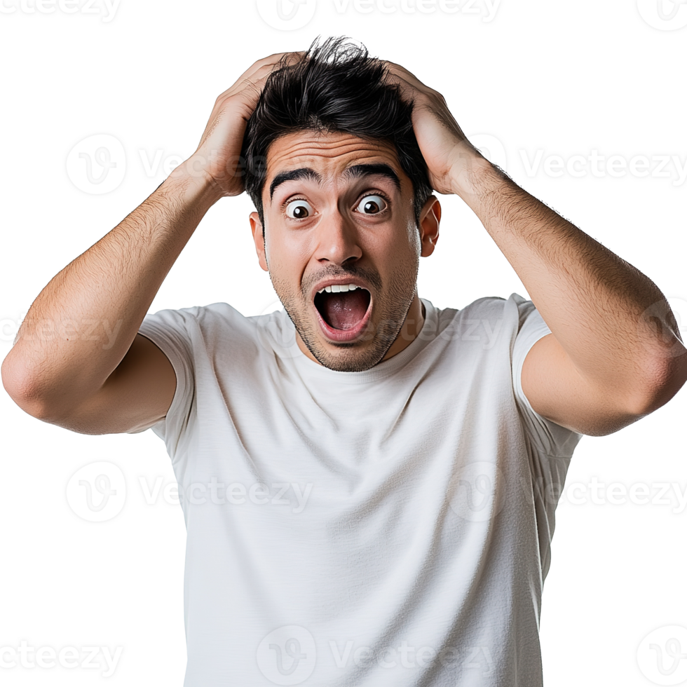Surprised Young Man with Wide Eyes and Mouth Open, Hands on Head Showing Shock and Astonishment on Transparent Background png
