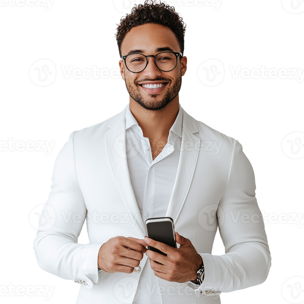 Businessman Smiling While Holding a Phone Isolated at Transparent Background png
