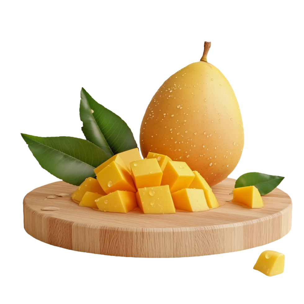 Mango served neatly on a wooden chopping board png