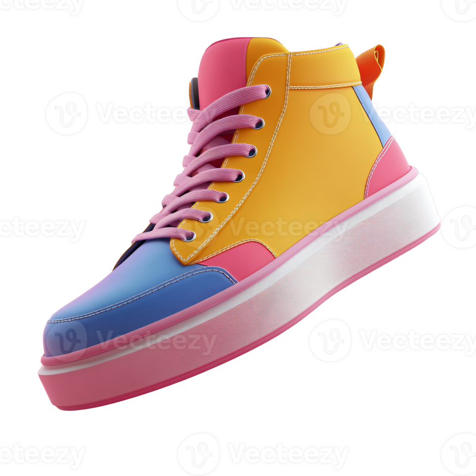 A colorful high top sneaker with a pink, yellow and blue sole transparent background png