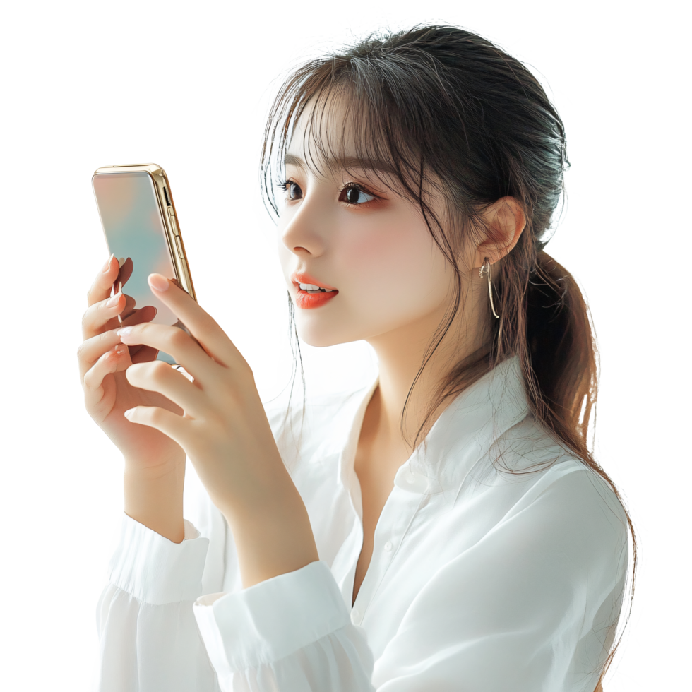 A woman holding a smartphone while looking at it png