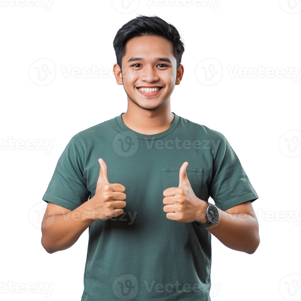 Green tee man doing thumbs up pose png
