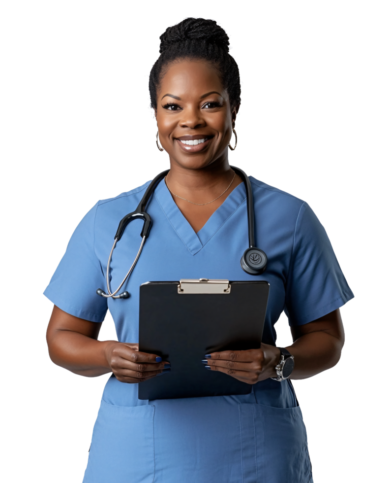 Clinical staff member in blue uniform with a clipboard png