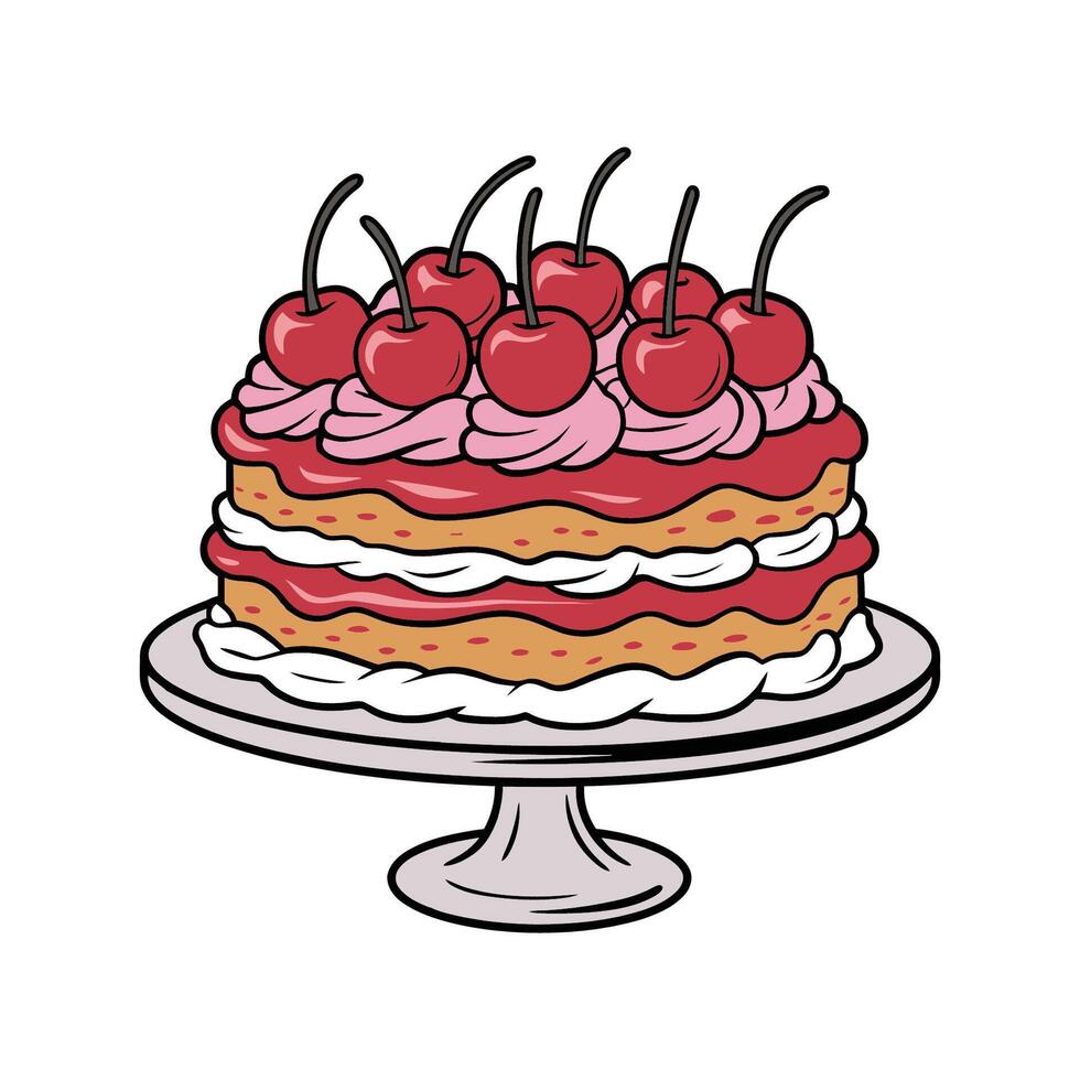 Cherry Layer Cake Dessert Cartoon Illustration vector