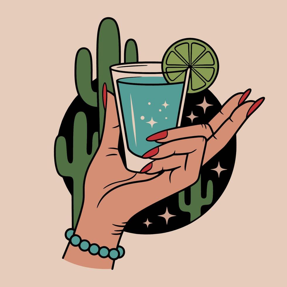 Stylish Hand Holding Blue Cocktail with Lime in Desert Night Scene vector