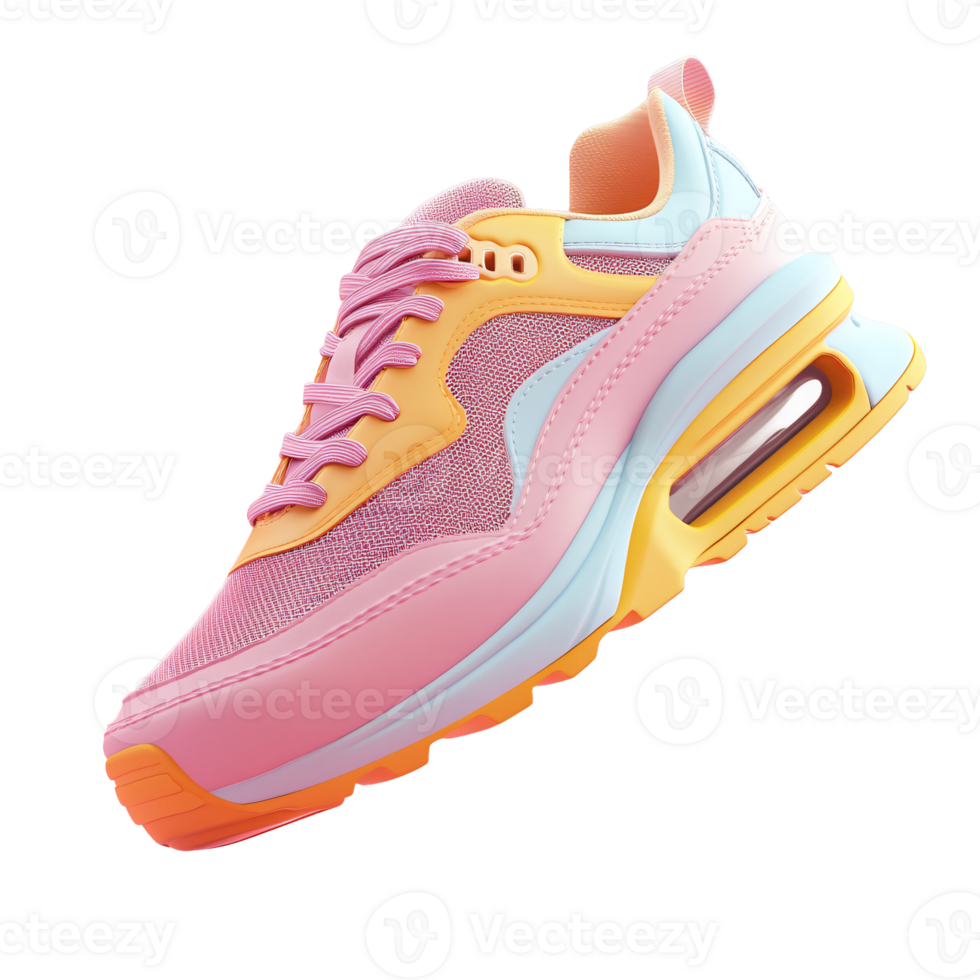 A pink and orange sneaker with a yellow sole transparent background png