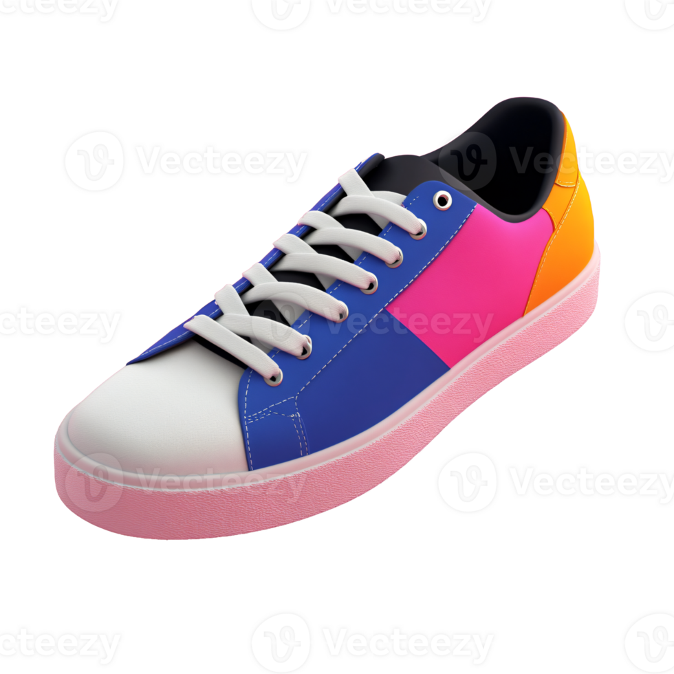 A colorful sneaker with a white sole and blue and pink laces transparent background png