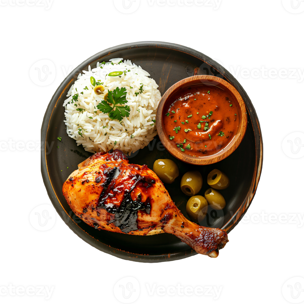 Chicken and rice on a plate with condiment png