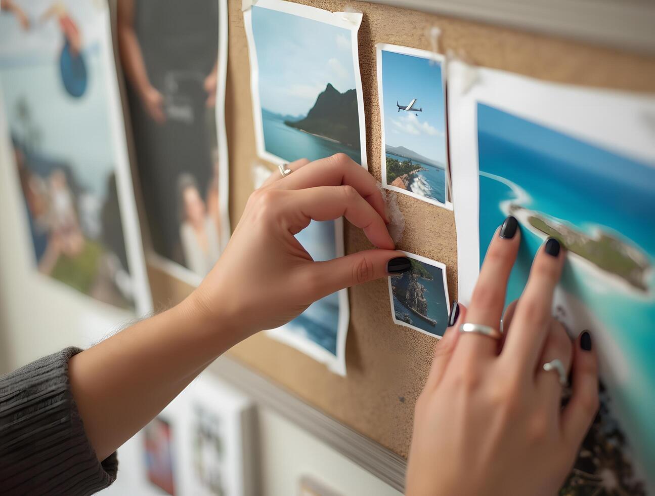 A girl attaching some photo in a board