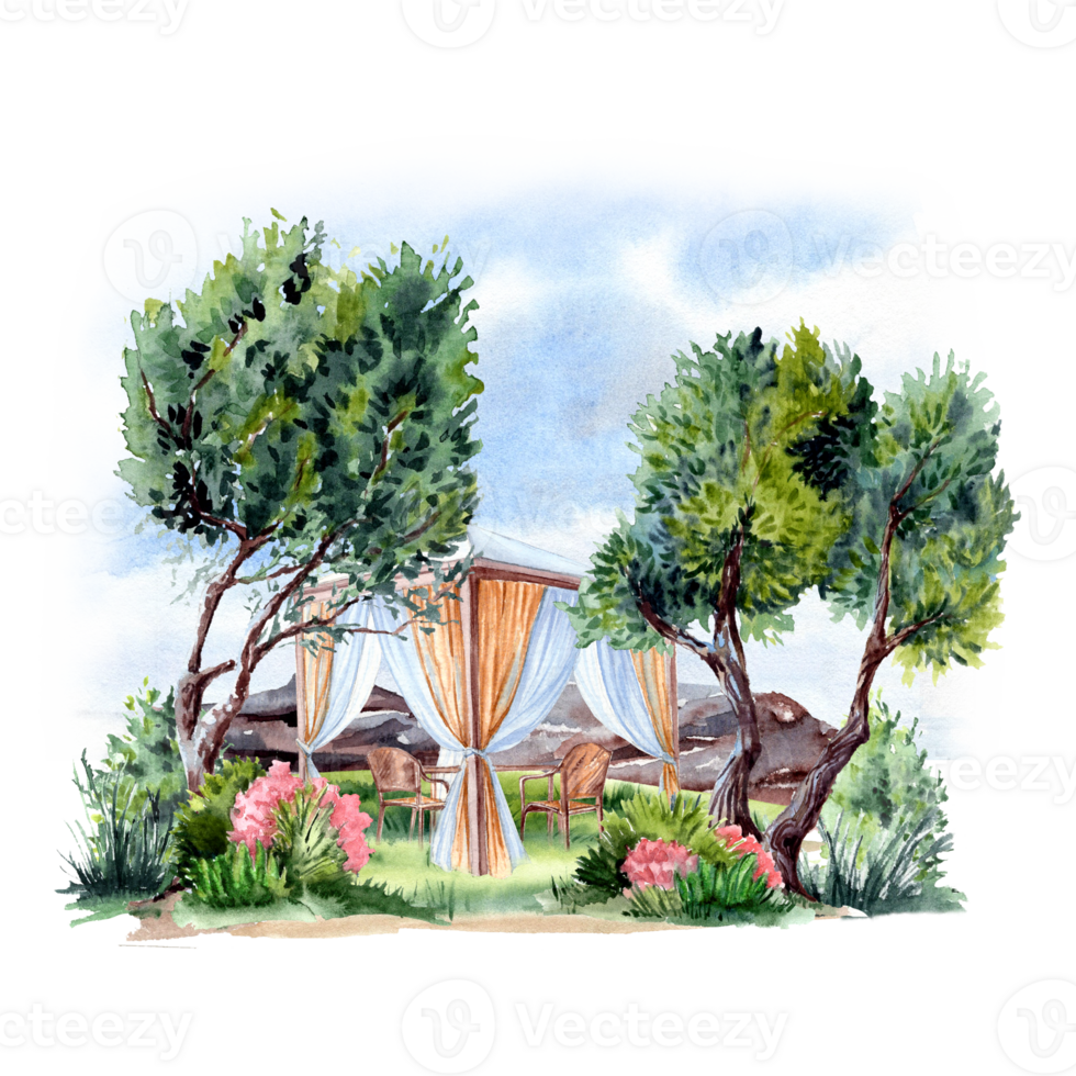 Summer scenery with rest pavilion on the lawn near the greenery and stones png