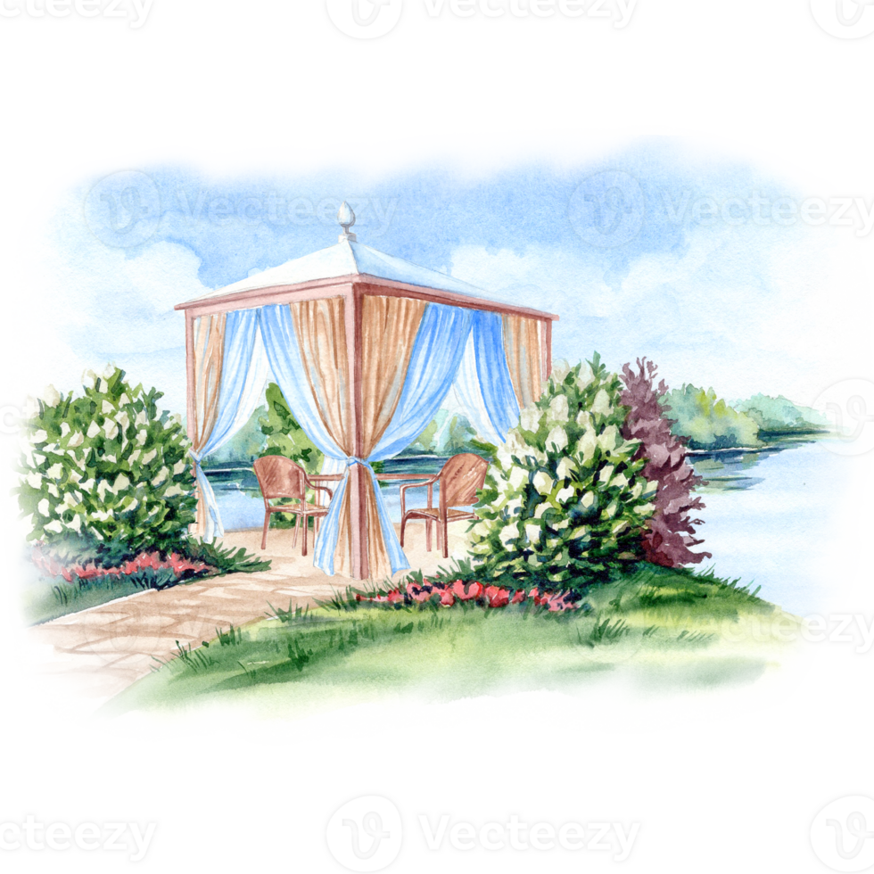 Hand drawn rest pavilion in the spring blooming greenery png
