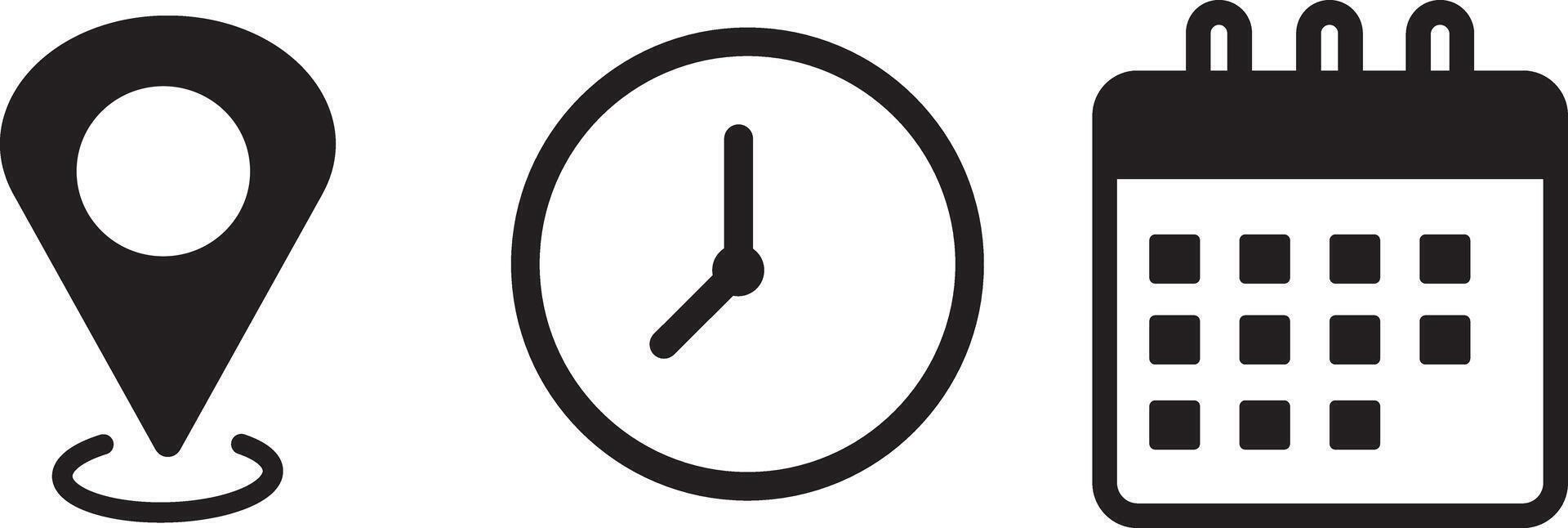 Location, calendar , time, and black icon. business calendar schedule reminder clock sign and symbols background vector