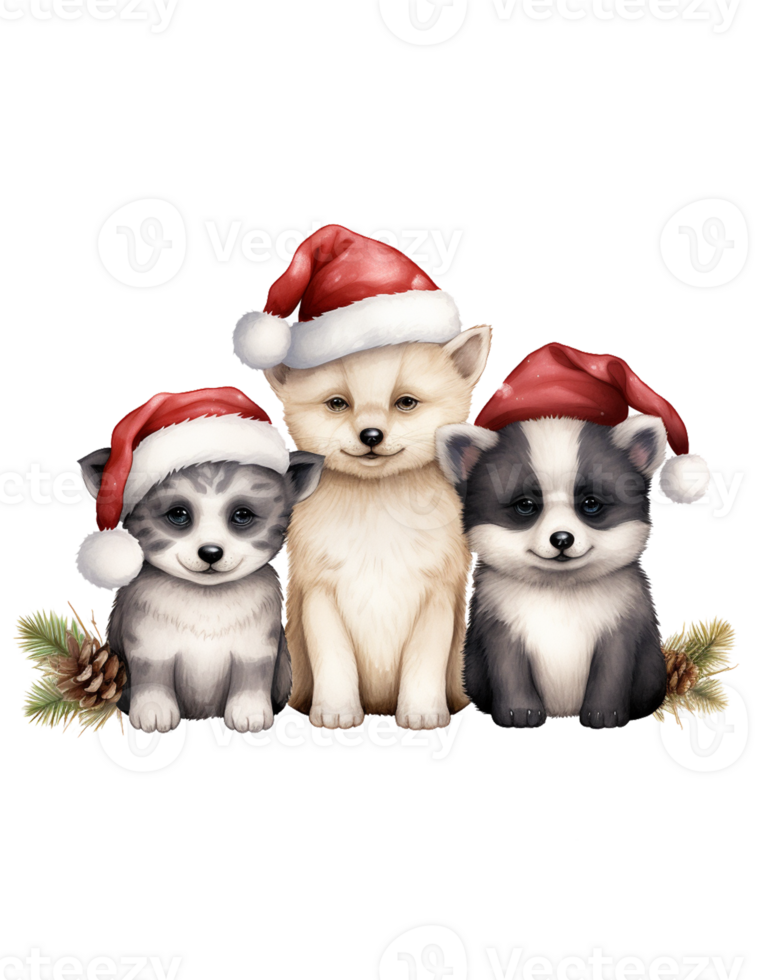 Three puppies wearing santa hats png