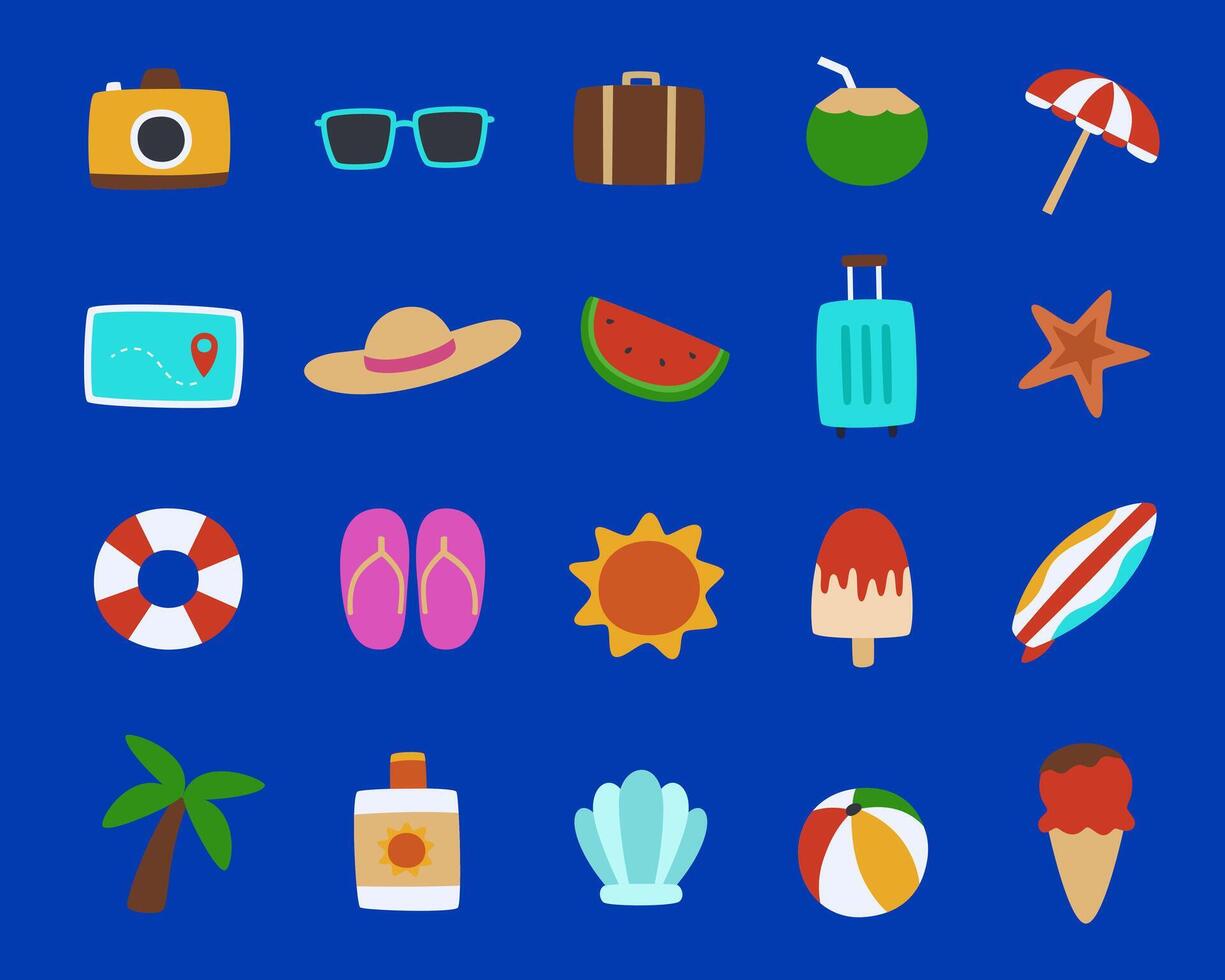 Hand drawn summer and travel element collection set with simple and flat design on blue background vector