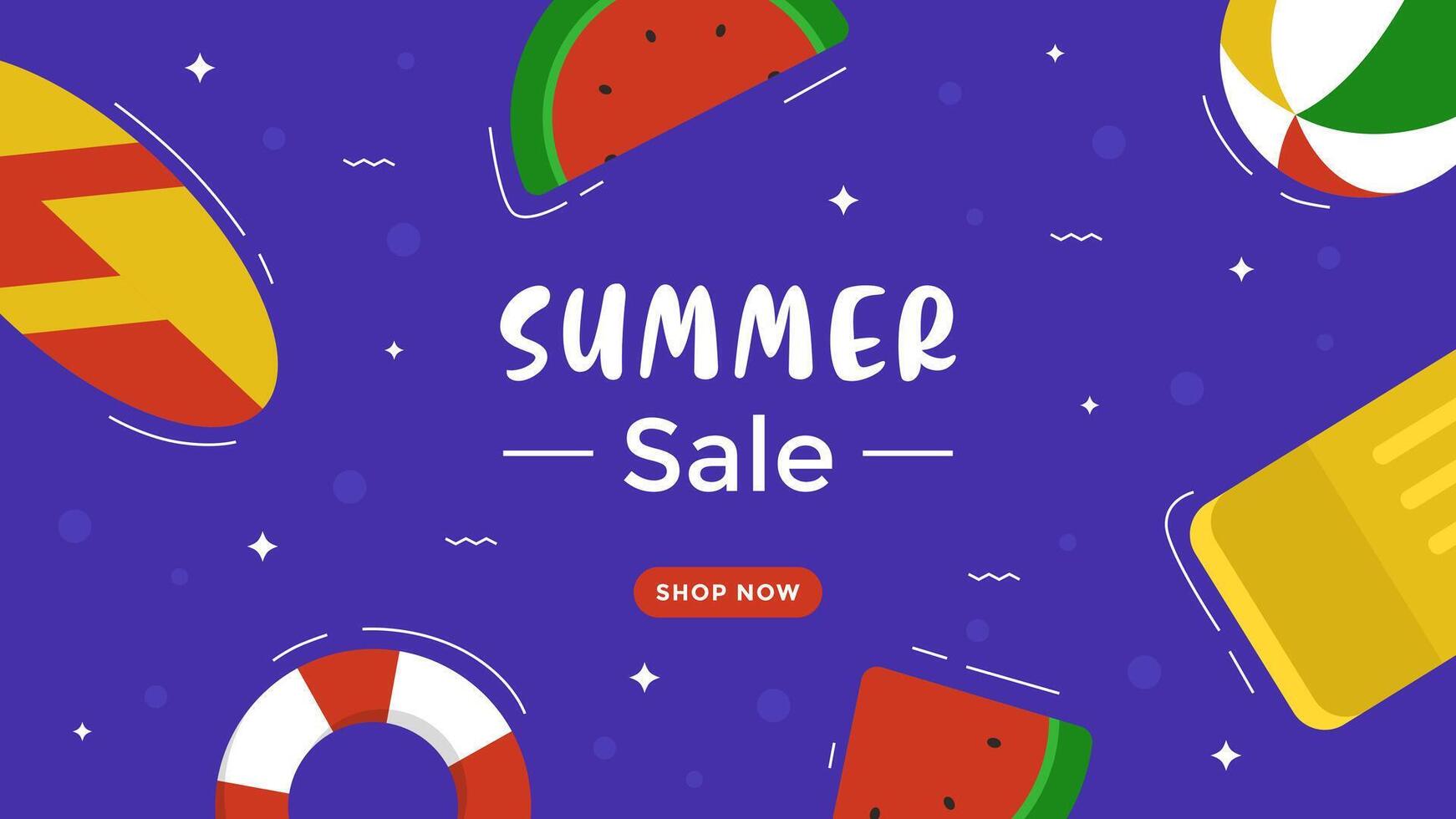 Summer sale horizontal banner template with watermelon, beach ball, and surfboard on blue background for advertisement vector