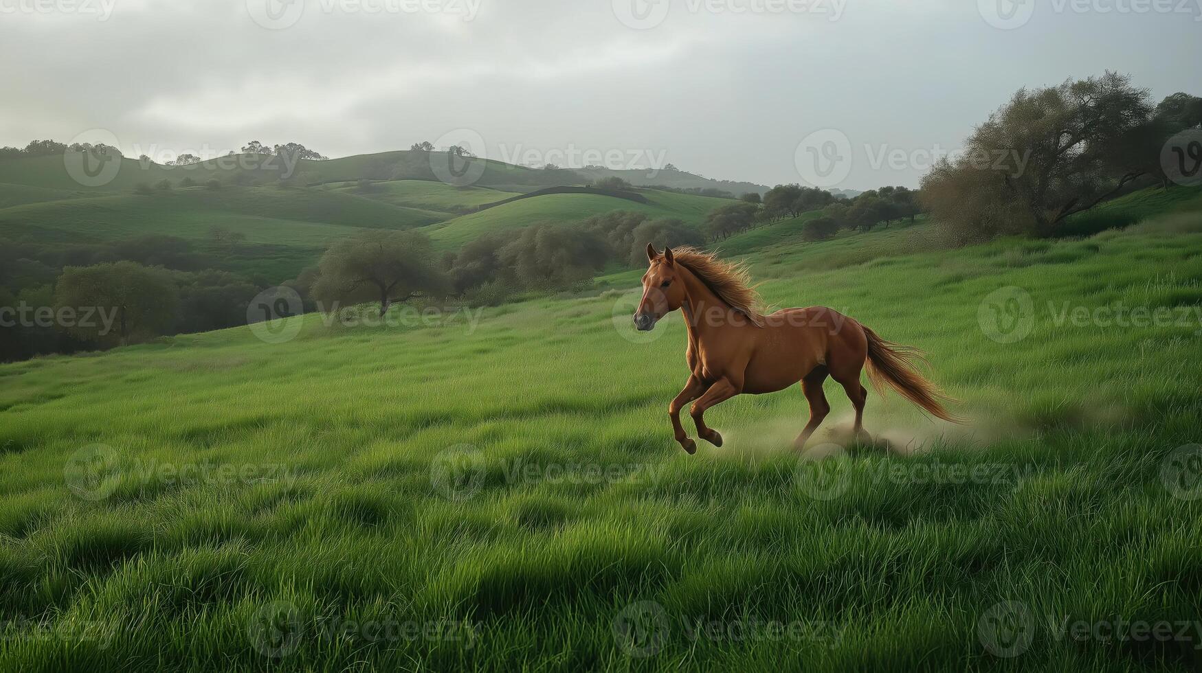 A horse running in a field photo