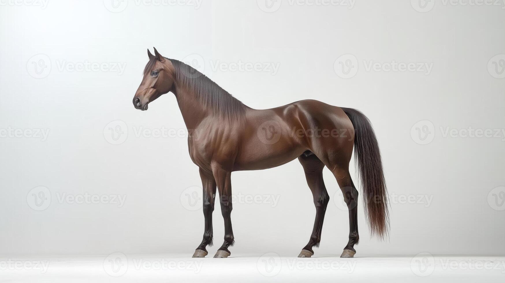 A brown horse standing in front of a white background photo