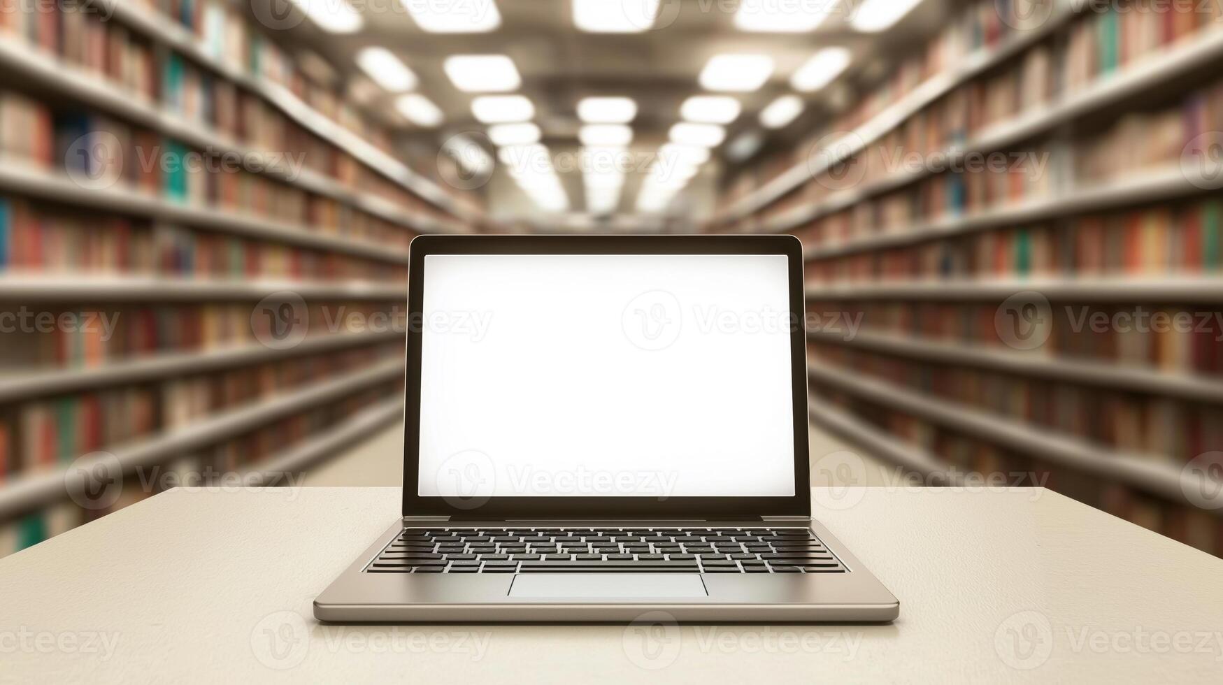 Laptop on table in library with books in background photo
