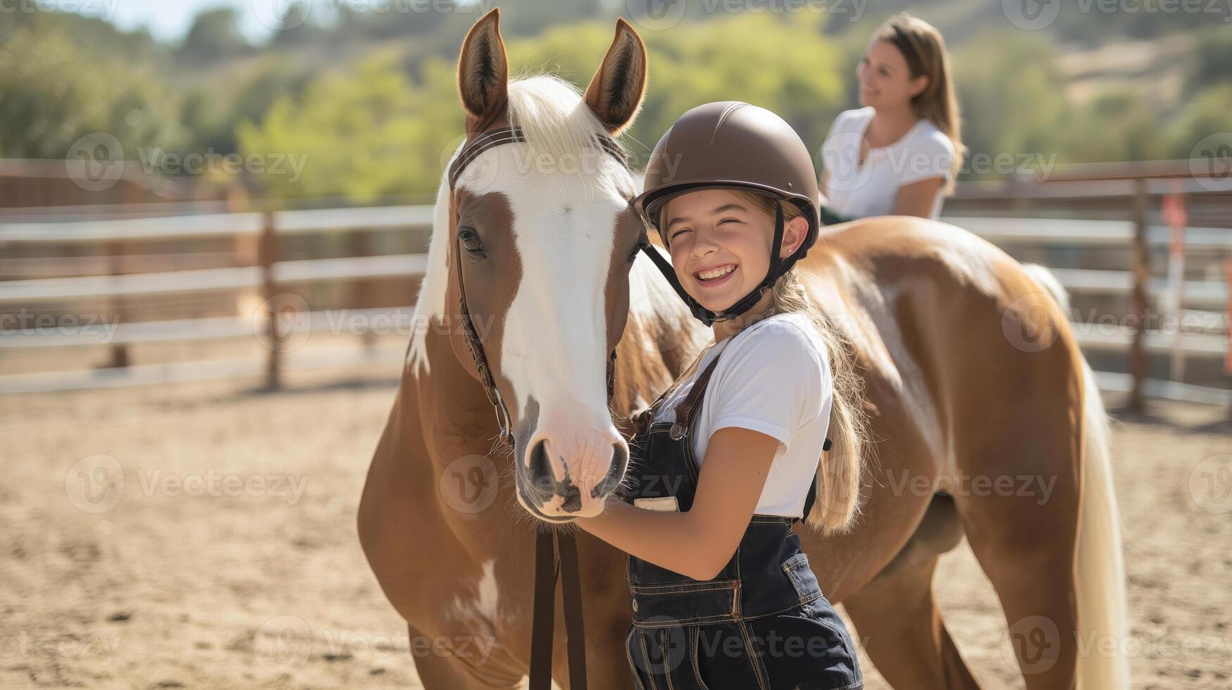 A girl is smiling while holding a horse photo