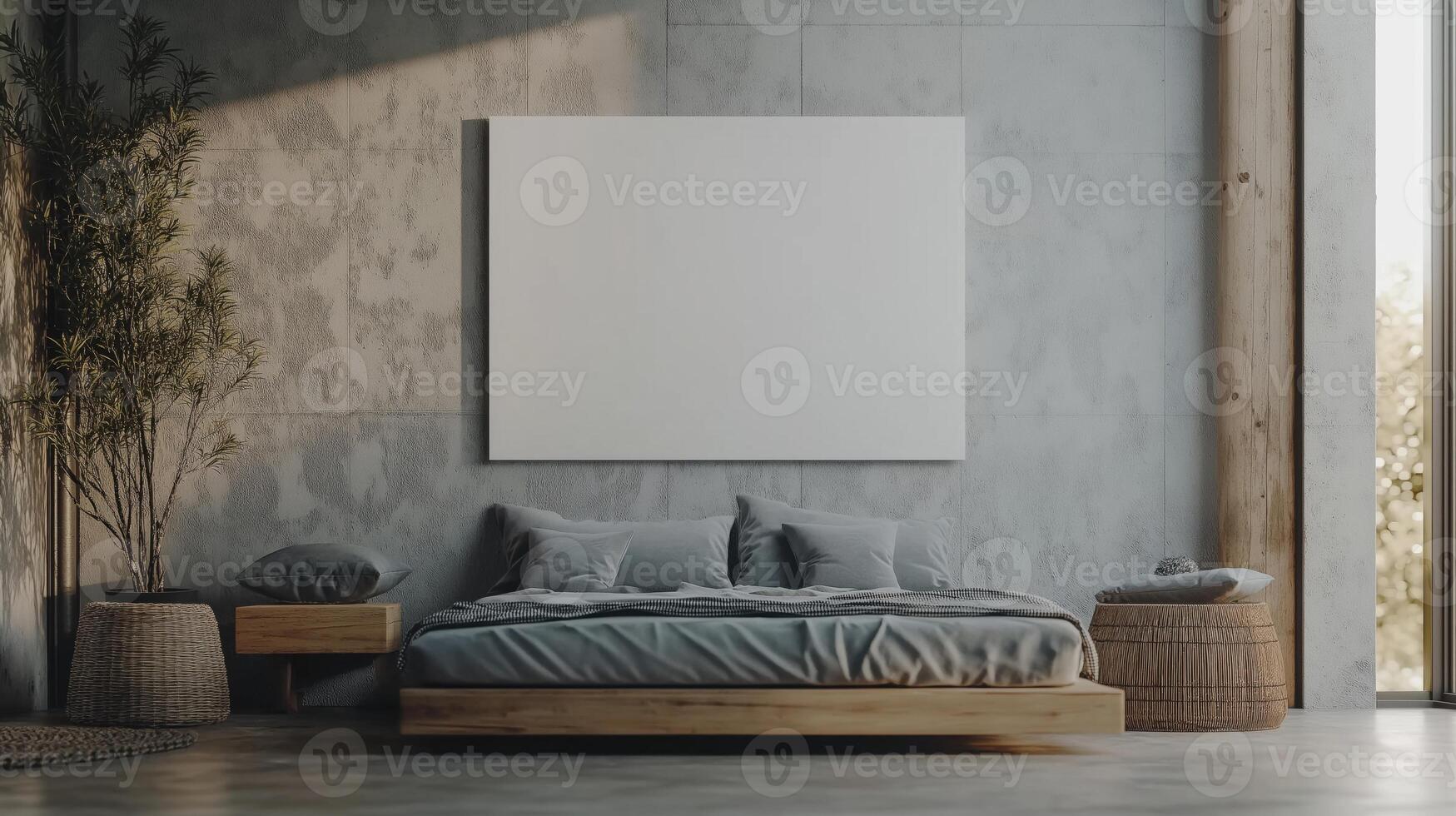 A bedroom with a large blank canvas on the wall photo