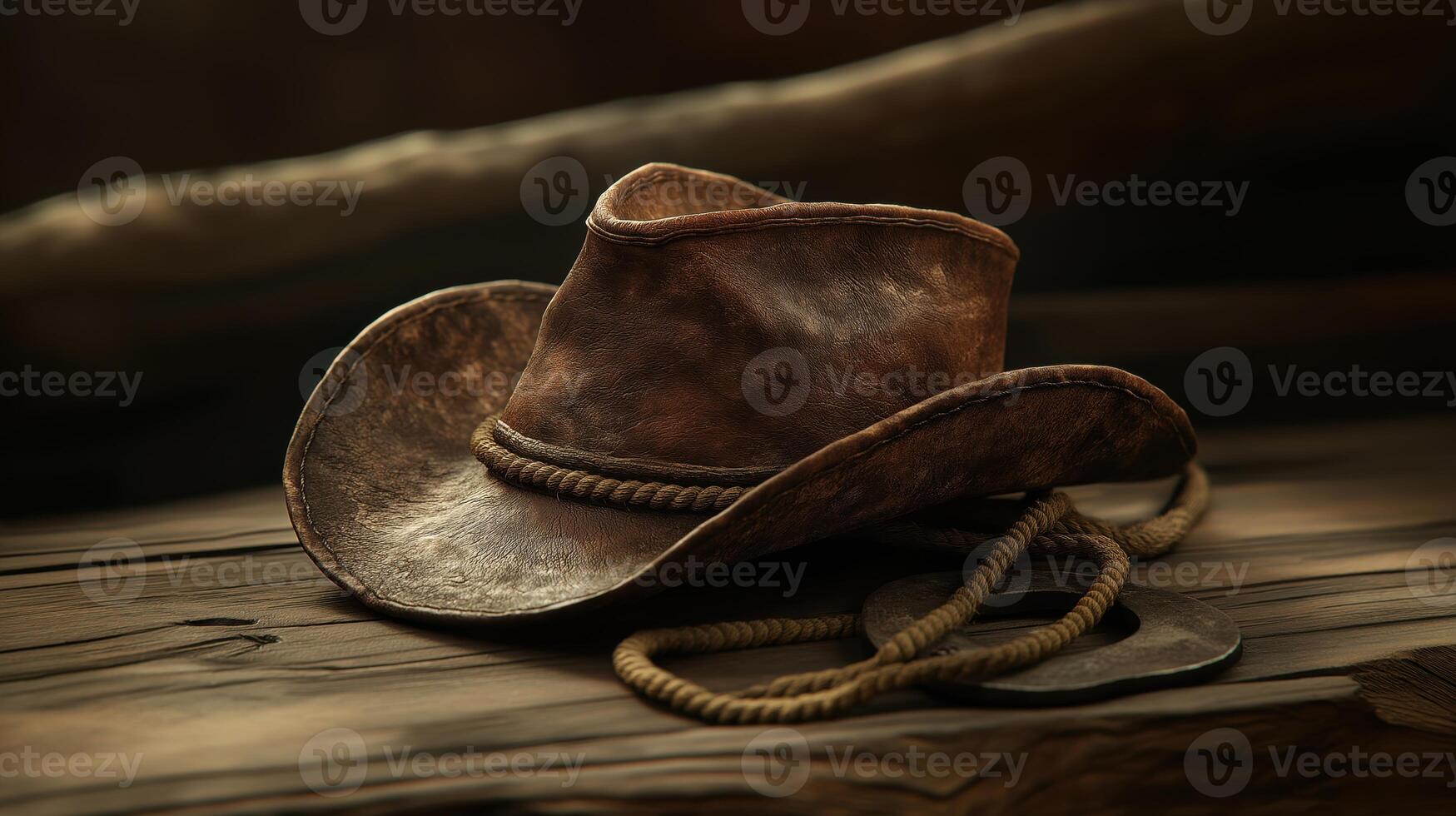 A cowboy hat sits on a wooden table photo