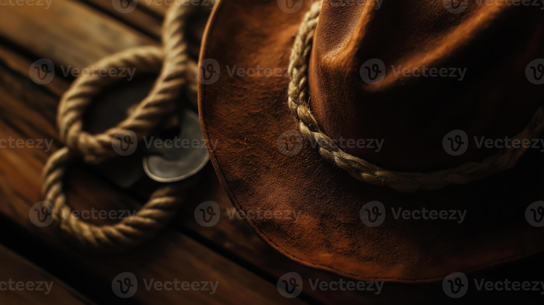 A cowboy hat and rope on a wooden table photo