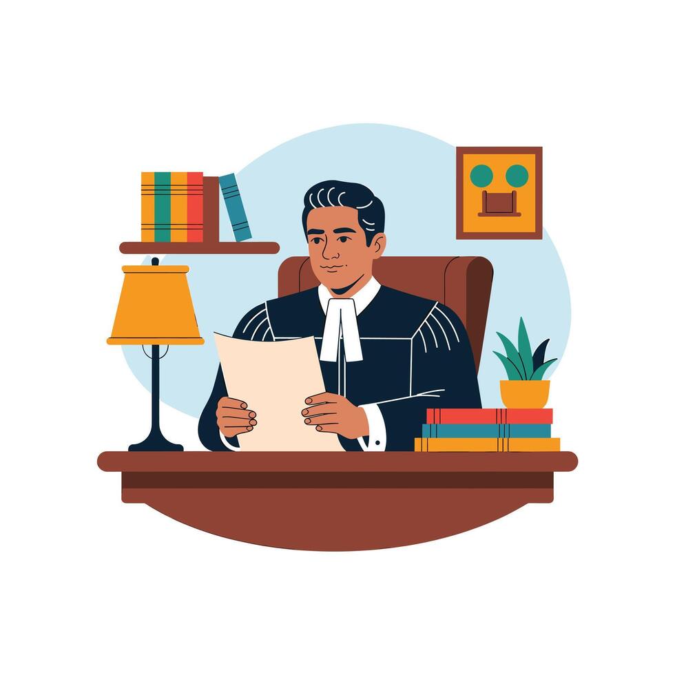 Judge reviewing legal documents in chambers illustration vector